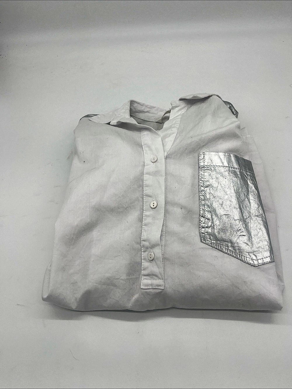 Zara Metallic Pocket Button Down Shirt White & Silver Size Small
